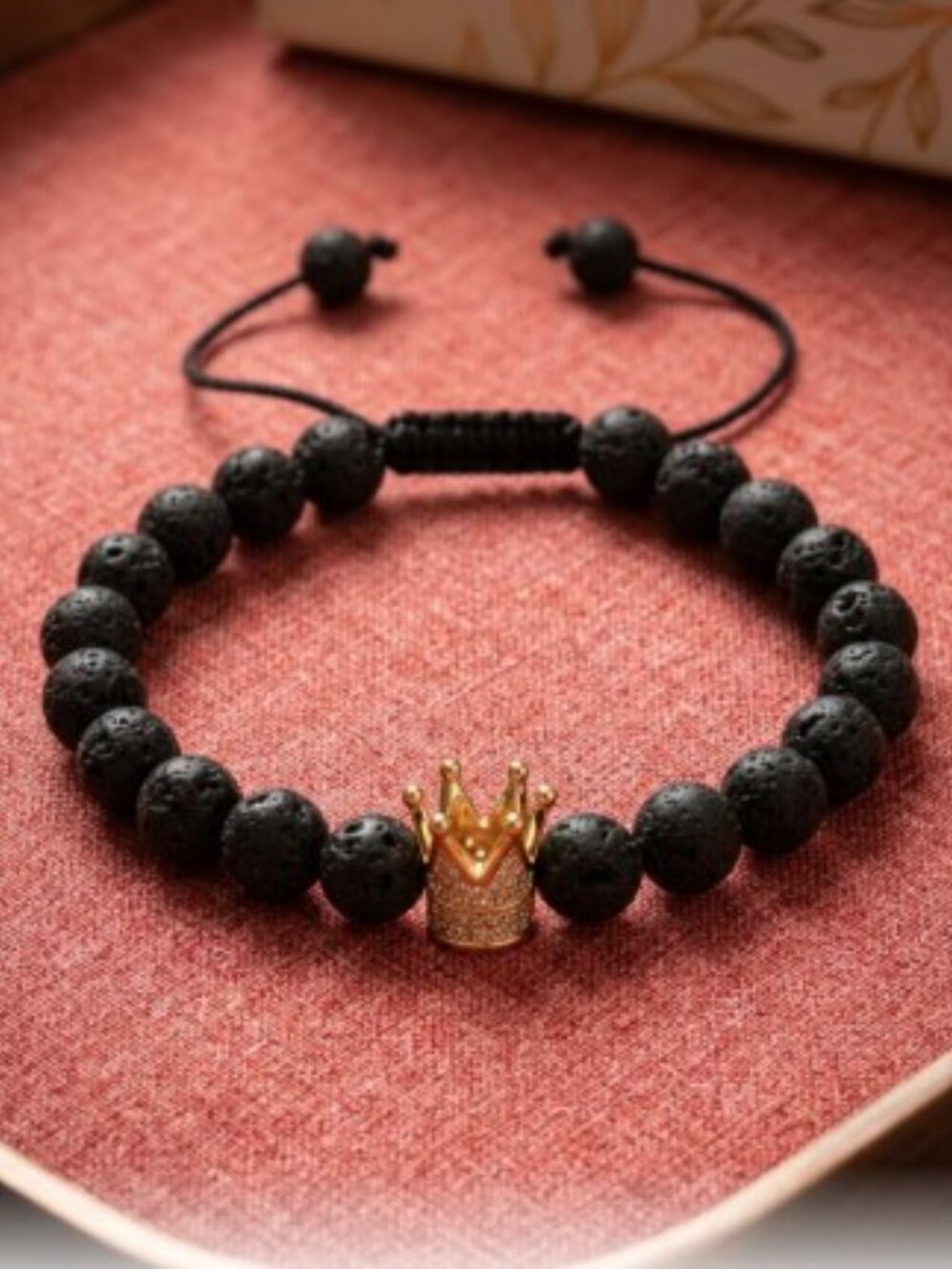 NWOT UNISEX LUXURY BLACK LAVA ROCK CROWN CHARM BRACELET – ADJUSTABLE